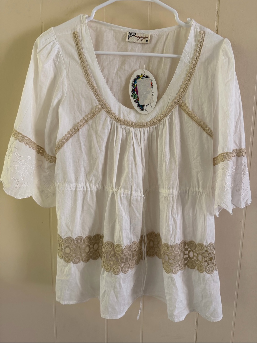 Bohemian White Cotton Top with Lace Trim